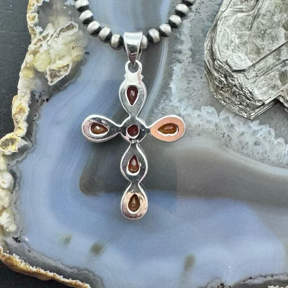 Sterling Silver Southwestern Style Carnelian Decorated Cross Pendant For Women - Picture 7 of 10